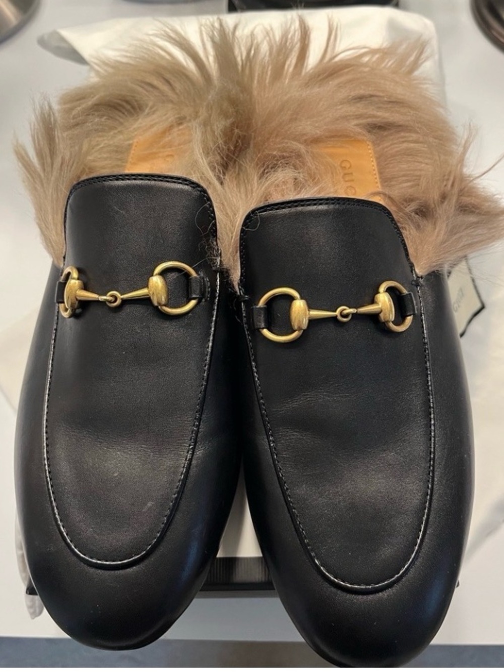 Gucci Princeton Black Leather Fur-Lined Horsebit Mules